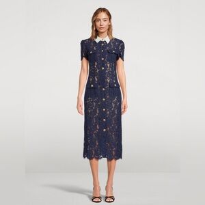 New with tags - Self-Portrait Navy Lace Midi Dress with White Collar US 4